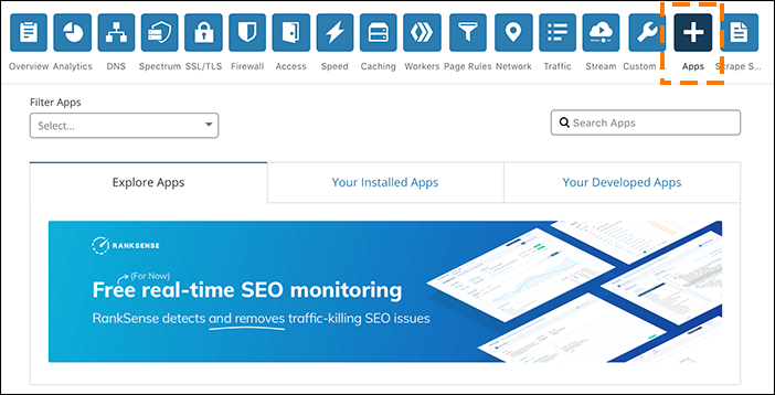 Capture d&rsquo;écran de la page d&rsquo;accueil des applications du tableau de bord Cloudflare