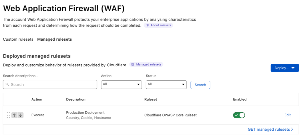 Example WAF Managed Rules configuration in the Managed rulesets tab under Application Security &gt; WAF.
