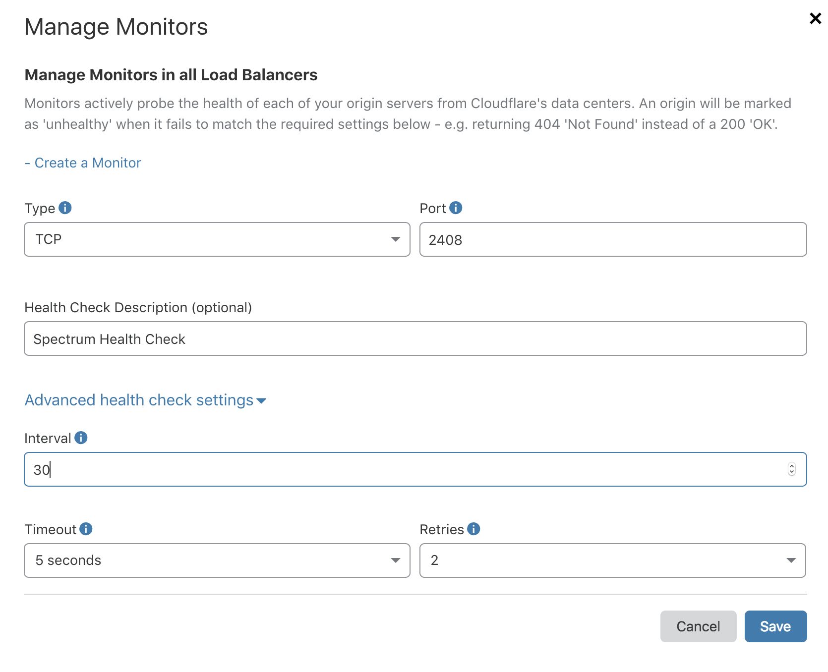 Manage monitors dialog with TCP health check running on port 2408 and a 30 second refresh rate